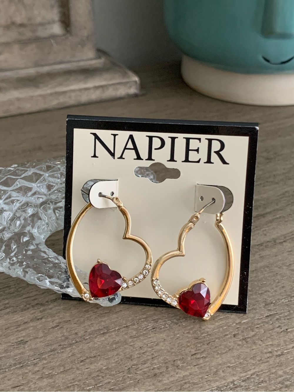 Napier Be My Valentine Red Heart Hoop Dangle Drop Gold Tone Pierced Earrings New